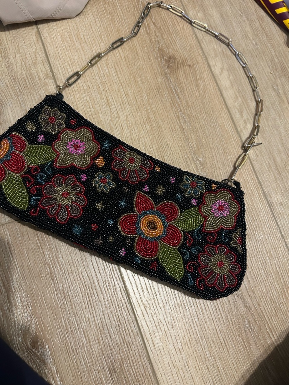 Vintage Beaded Floral Evening Clutch - Black with Multicolor Embroidery